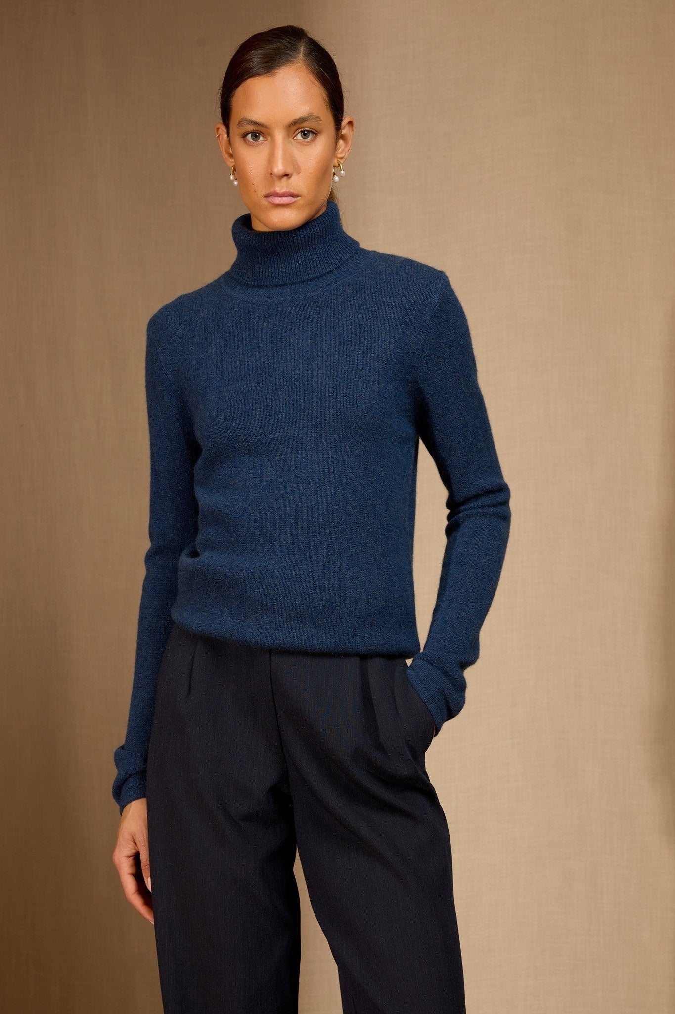 willow pull col roulé 4 fils ocean chiné 100% cachemire