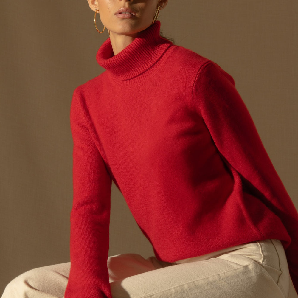 willow pull col roulé 4 fils rouge 100% cachemire