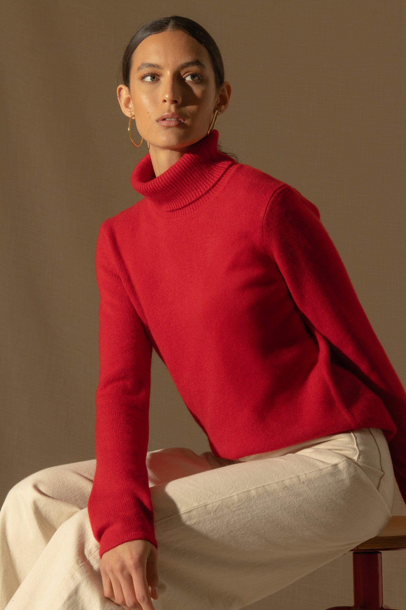 willow pull col roulé 4 fils rouge 100% cachemire