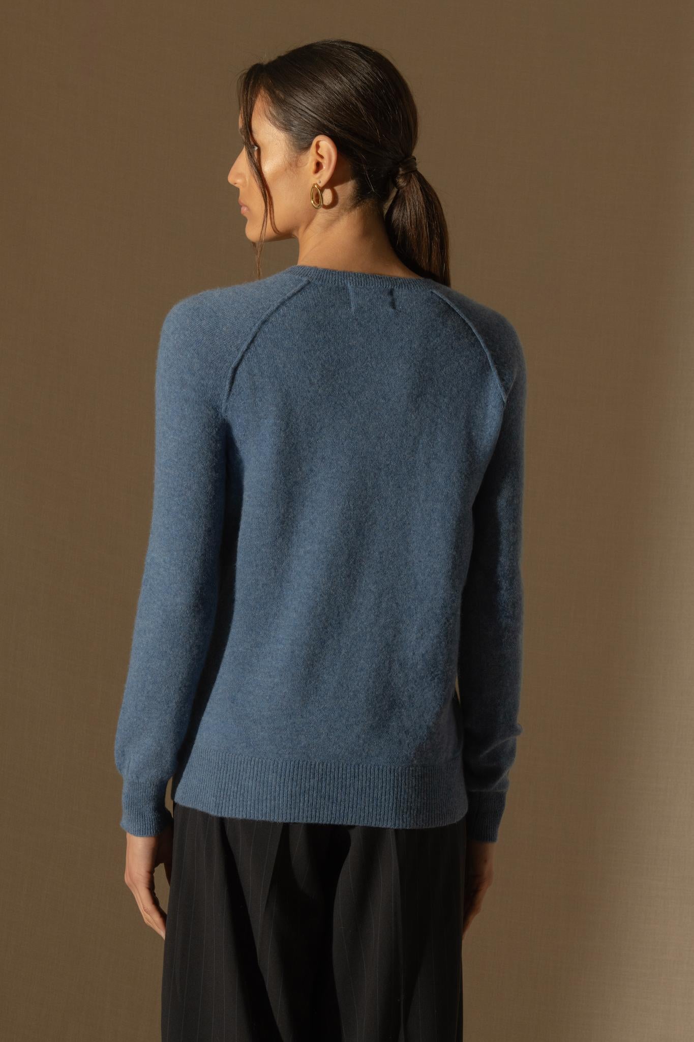 WILMA pull col rond bleu denim 100% cachemire