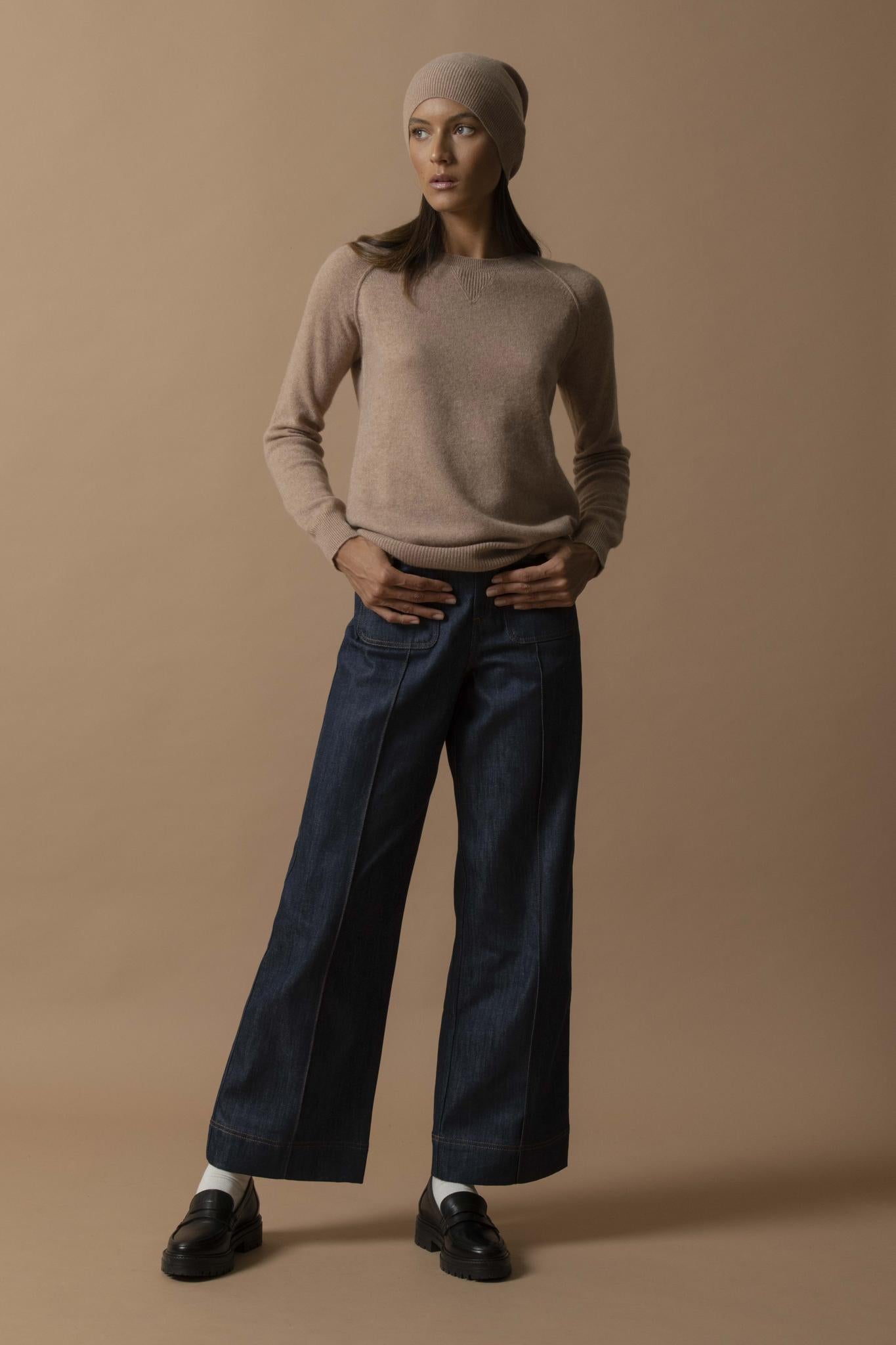 WILMA pull col rond camel chiné 100% cachemire