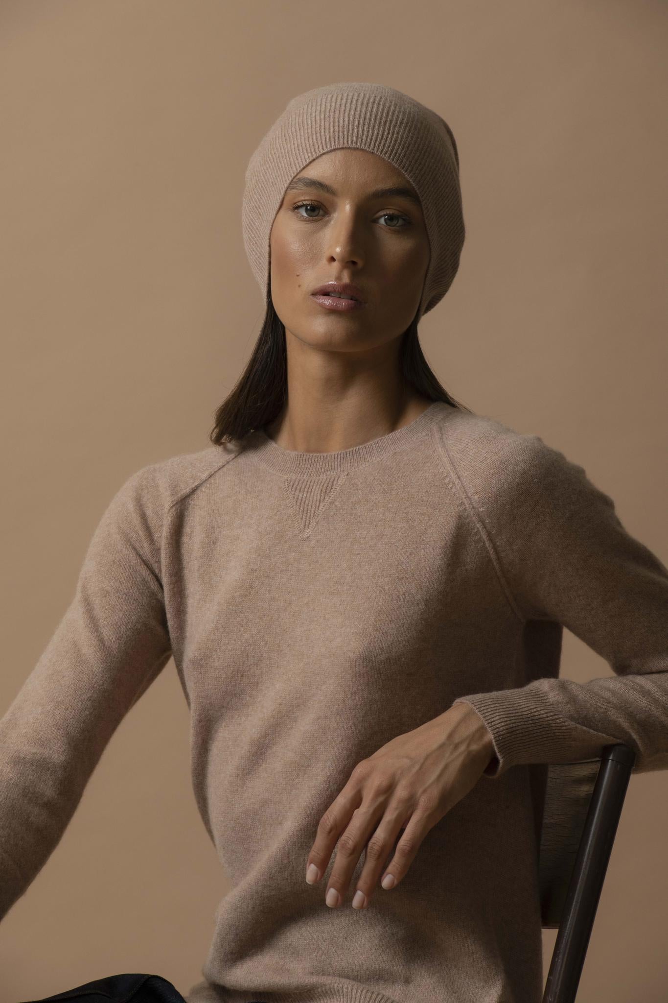 WILMA pull col rond camel chiné 100% cachemire