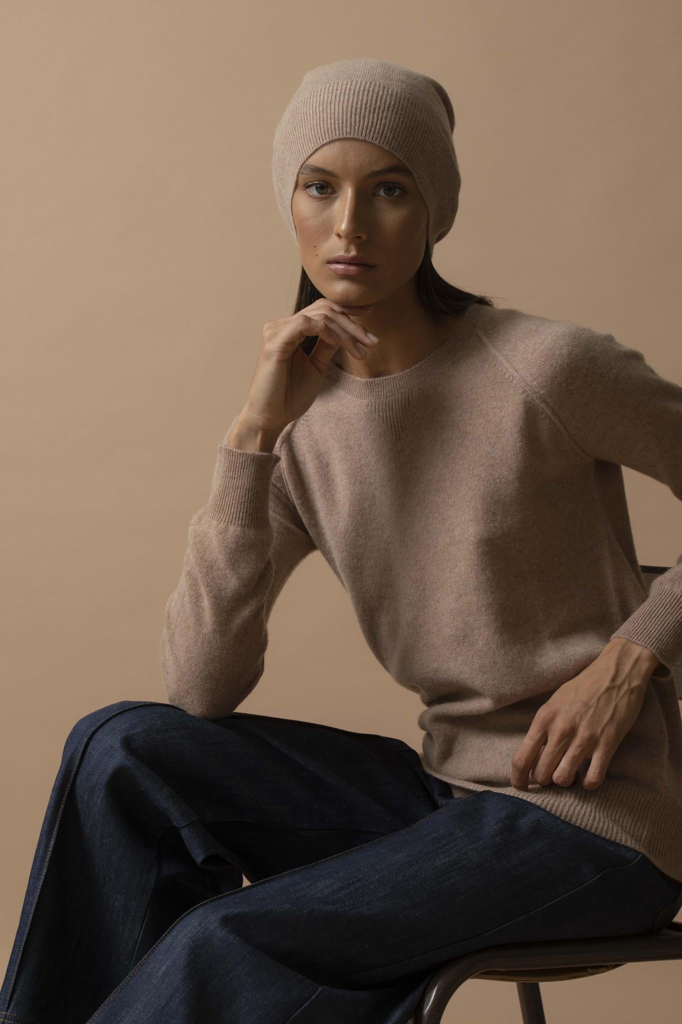 WILMA pull col rond camel chiné 100% cachemire