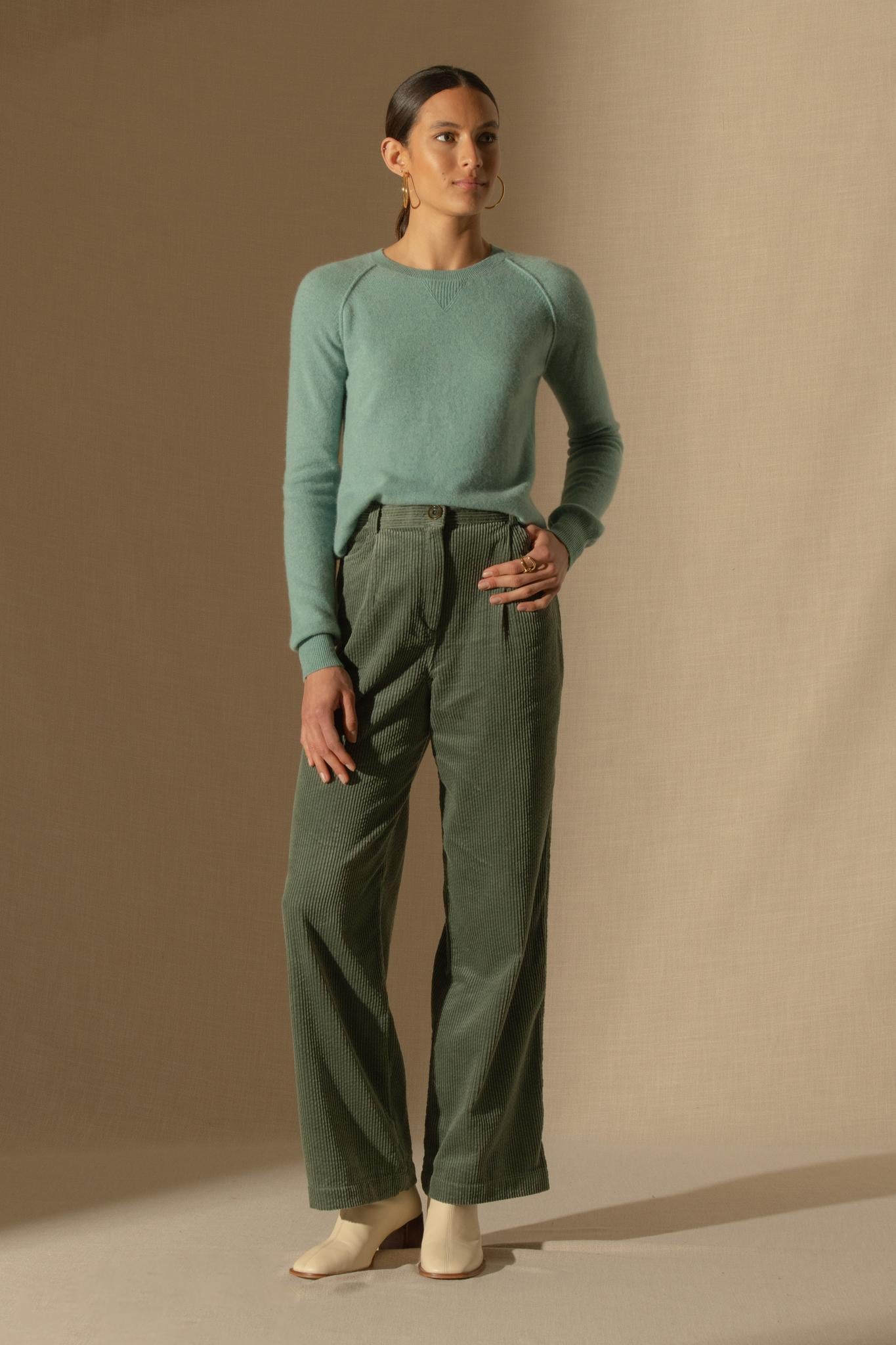 WILMA pull col rond vert chiné 100% cachemire