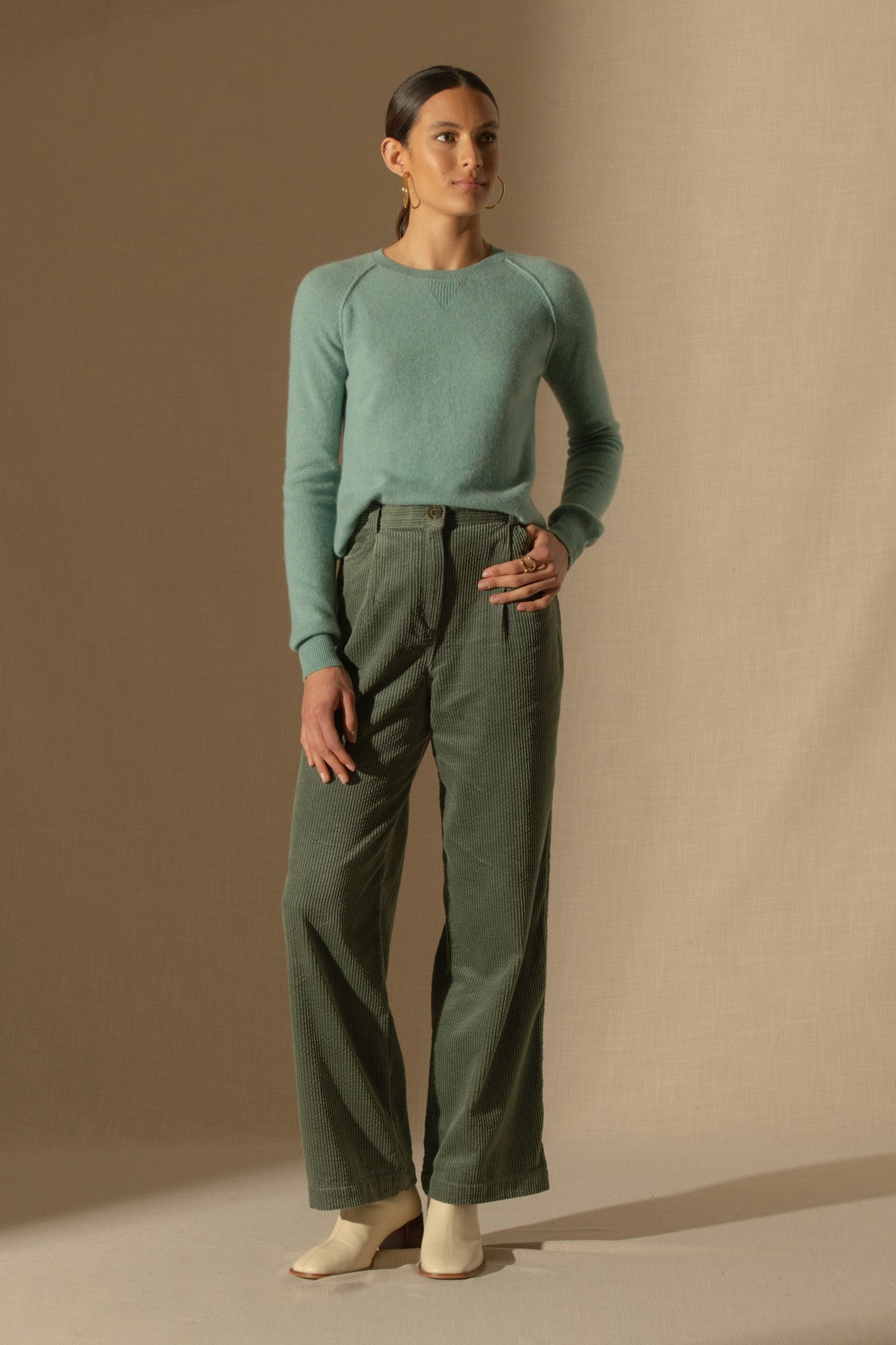 wilma pull col rond vert chiné 100% cachemire