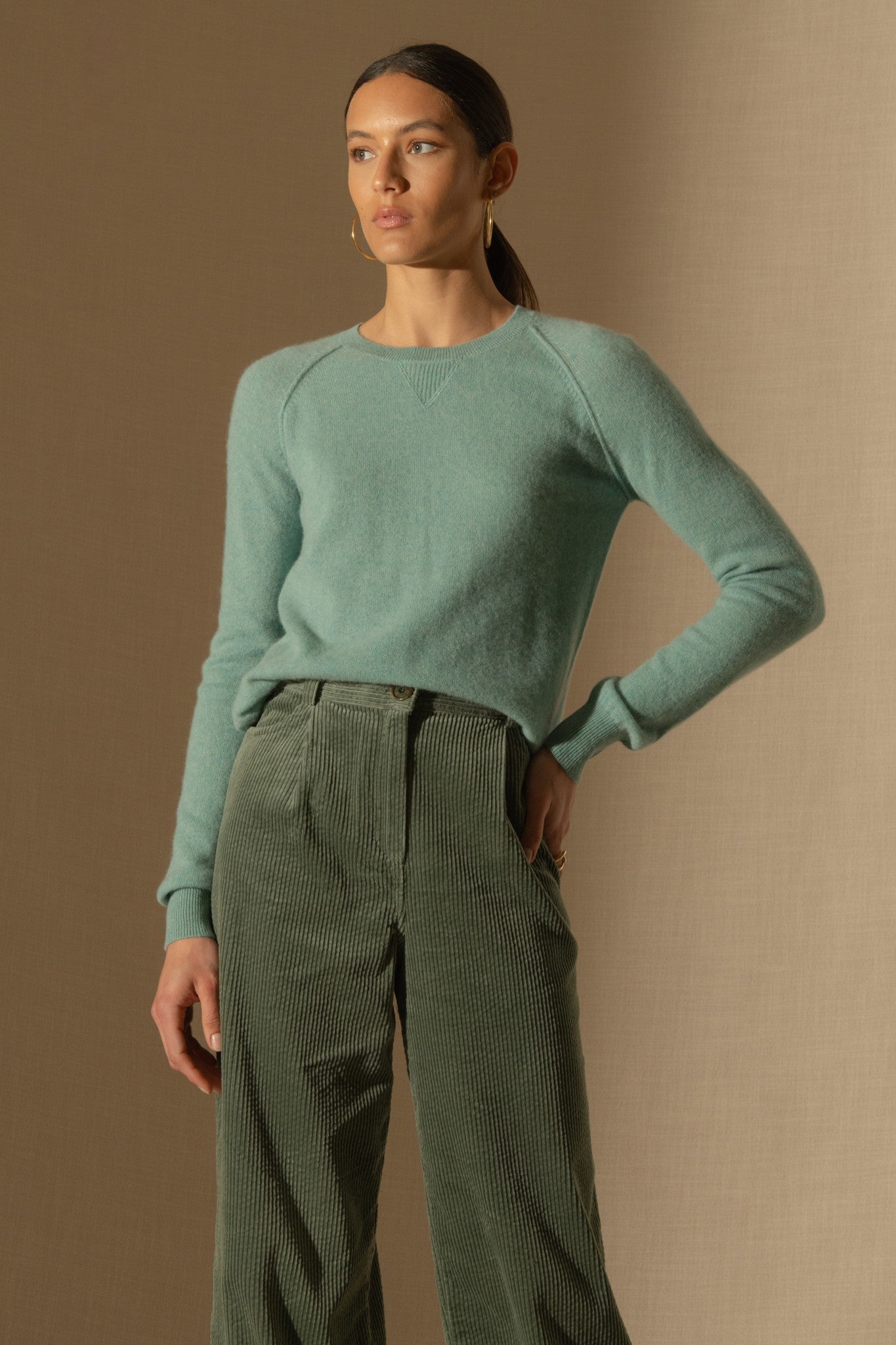 wilma pull col rond vert chiné 100% cachemire